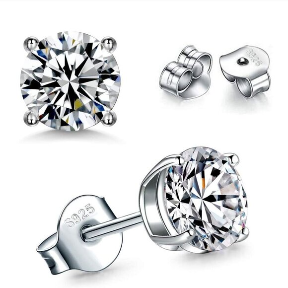 925 Silver Stud Earrings Set White Gold Plated Hypoallergenic Cubic Zirconia - Picture 7 of 8